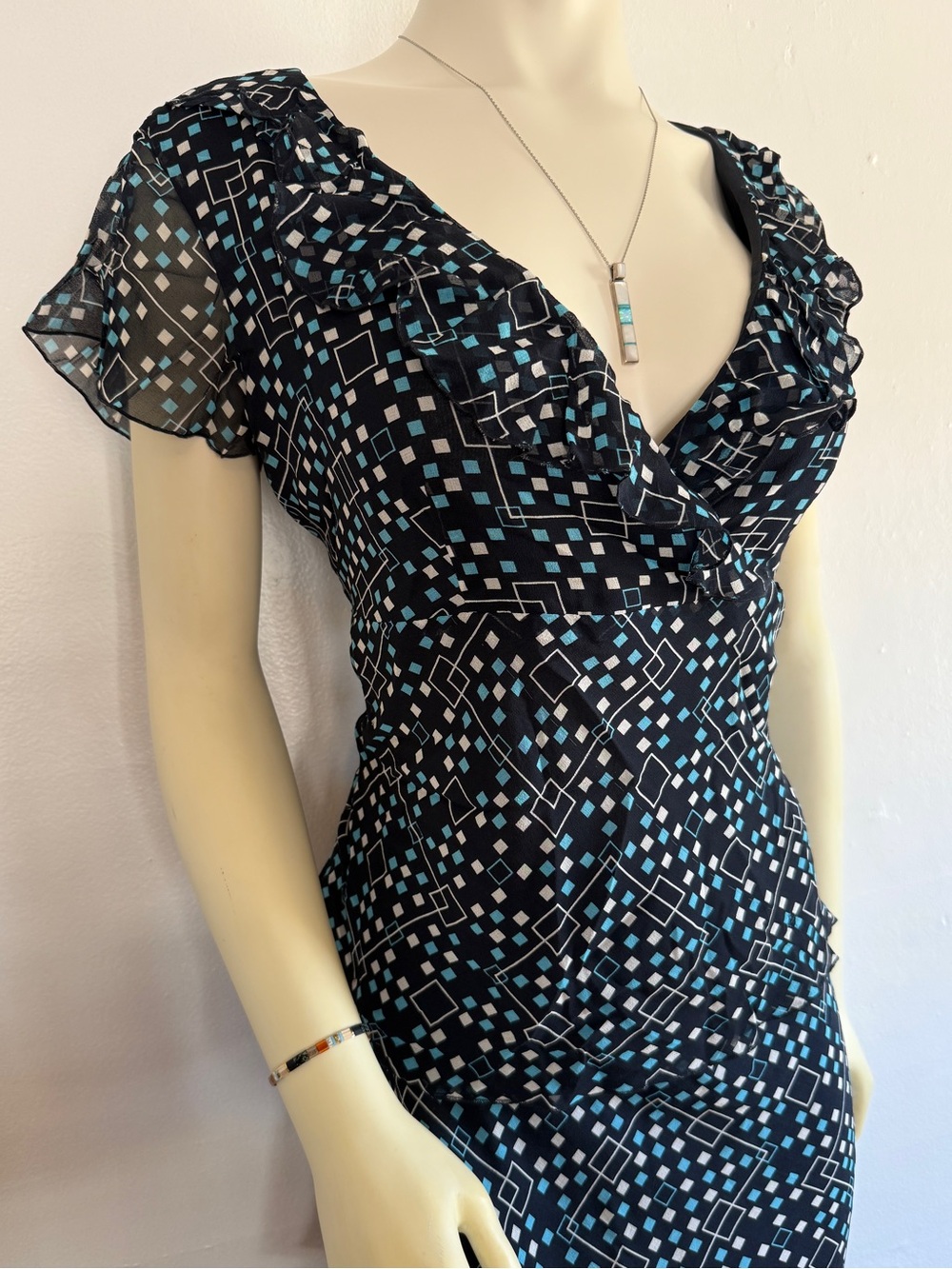 Vintage Y2K Casual Corner Silk Navy Ruffle Top & Midi Skirt Set M